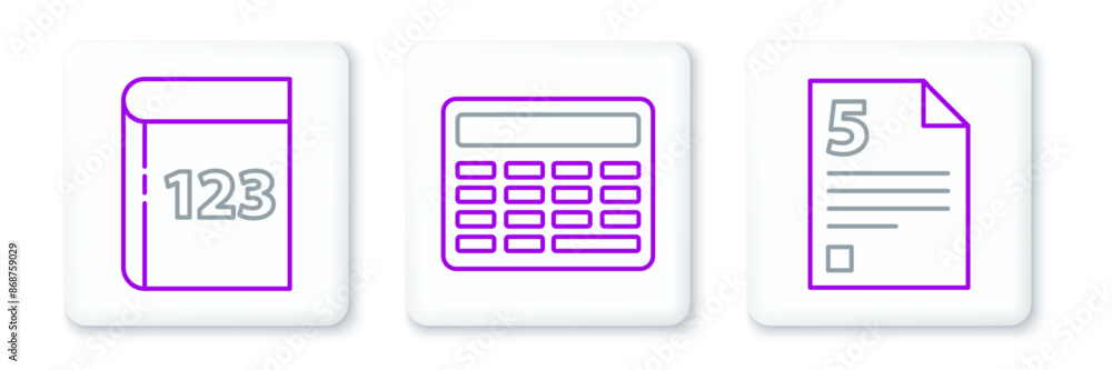 Poster set line test or exam sheet, book with word mathematics and calculator icon. vector