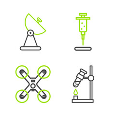 Set line Test tube flask on fire, Drone flying, Syringe and Radar icon. Vector