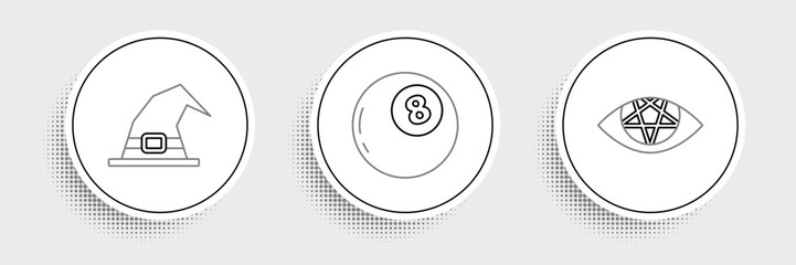 Set line Pentagram, Witch hat and Magic ball of predictions icon. Vector