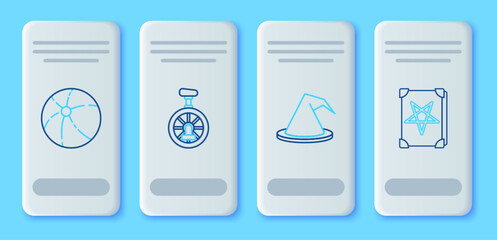 Set line Unicycle or one wheel bicycle, Witch hat, Beach ball and Ancient magic book icon. Vector © Oksana
