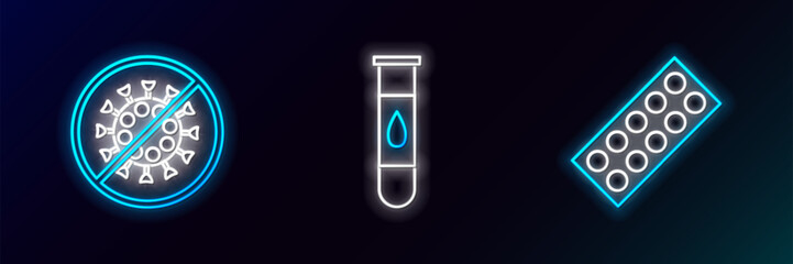 Set line Pills in blister pack, Stop virus and Blood test and icon. Glowing neon. Vector