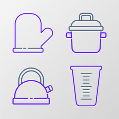 Set line Measuring cup, Kettle with handle, Cooking pot and Oven glove icon. Vector