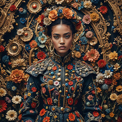 Portrait d'une jeune femme métissée sur un fond de décors plein de fleurs
