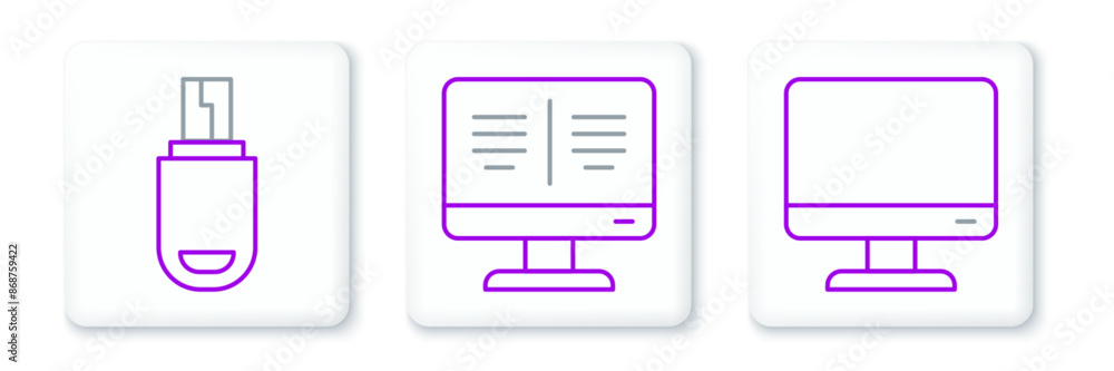 Poster set line computer monitor screen, usb flash drive and online book icon. vector