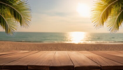 top of wood table with seascape and palm leaves blur bokeh light of calm sea and sky at tropical beach background empty ready for your product display montage summer vacation background concept