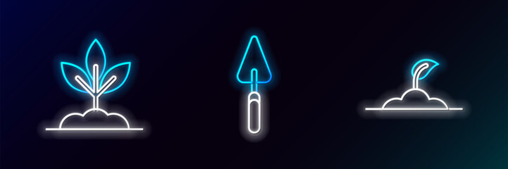 Set line Sprout, Plant and Garden trowel spade or shovel icon. Glowing neon. Vector