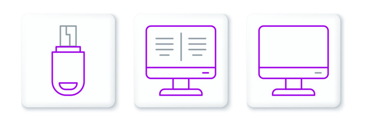 Set line Computer monitor screen, USB flash drive and Online book icon. Vector