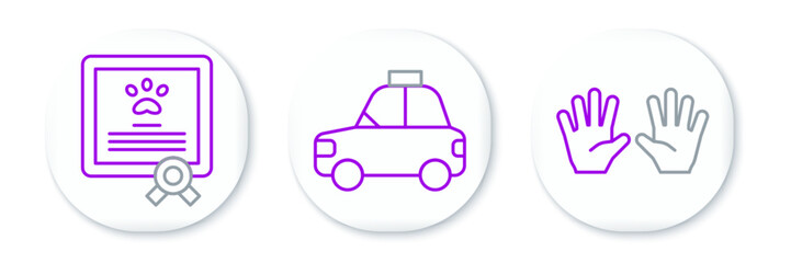 Set line Medical rubber gloves, Certificate for dog or cat and Pet car taxi icon. Vector