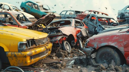 Fototapeta premium Car dump with a lot of broken used cars. Cars going to be shredded in a recycling facility