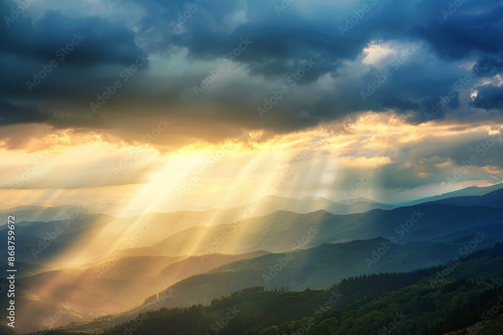 Poster sun rays breaking through clouds illuminating the mountains creating a dramatic and serene landscape