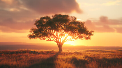 Solitary tree at sunset in golden field, serene countryside landscape, tranquil evening scene