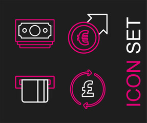 Set line Coin money with pound, Credit card inserted, Financial growth and euro and Stacks paper cash icon. Vector