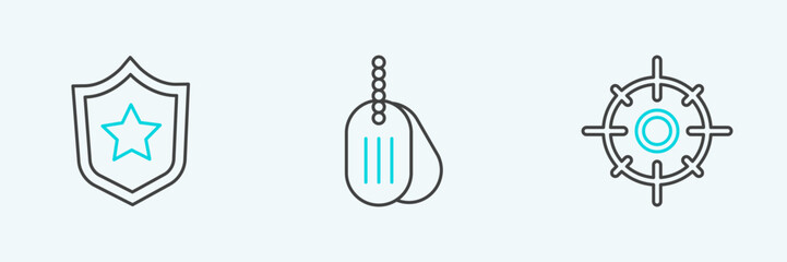Obraz premium Set line Target sport, Military reward medal and dog tag icon. Vector