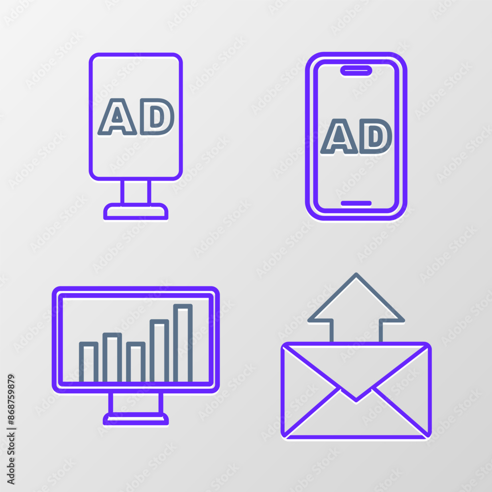 Poster set line mail and e-mail, monitor with graph chart, advertising and target icon. vector
