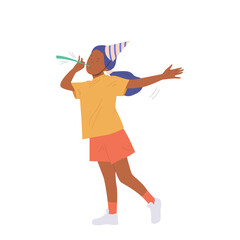 Cheerful cute girl kid cartoon character wearing festive birthday cap blowing pipe isolated on white