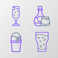 Set line Glass of beer, Whiskey bottle and glass and champagne icon. Vector