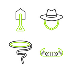 Set line Kayak or canoe and paddle, Lasso, Western cowboy hat and Shovel icon. Vector