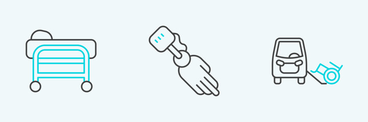 Set line Disabled car, Stretcher and Prosthesis hand icon. Vector