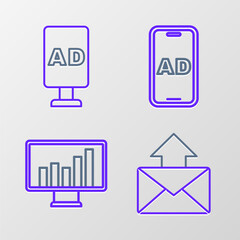 Set line Mail and e-mail, Monitor with graph chart, Advertising and Target icon. Vector