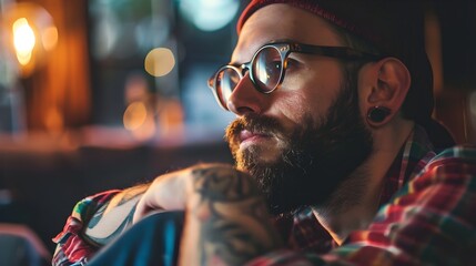 Thoughtful Bearded Man Enjoying Coffee in Cozy Cafe Interior