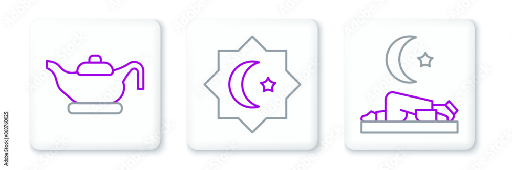 Poster set line muslim man prays, oil lamp and octagonal star icon. vector