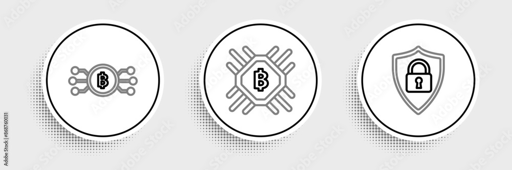 Poster set line shield security with lock, cryptocurrency bitcoin in circle microchip circuit and cpu minin