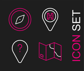 Set line Folded map, Unknown route point, Helicopter landing pad and Compass icon. Vector