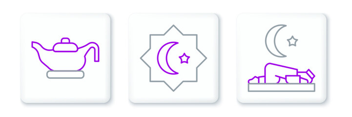 Set line Muslim man prays, Oil lamp and Octagonal star icon. Vector