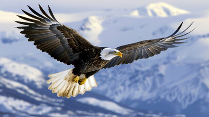 Obraz premium Bald Eagle Soaring Majestically Against Clear Blue Sky