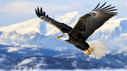 Bald Eagle Soaring Majestically Against Clear Blue Sky
