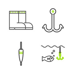 Set line Fishing hook under water with fish, float, and boots icon. Vector