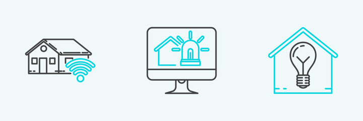 Set line Smart house and light bulb, home with wi-fi and Computer monitor smart alarm icon. Vector