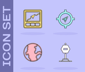 Set Stop sign, Gps device with map, Earth globe and Compass icon. Vector