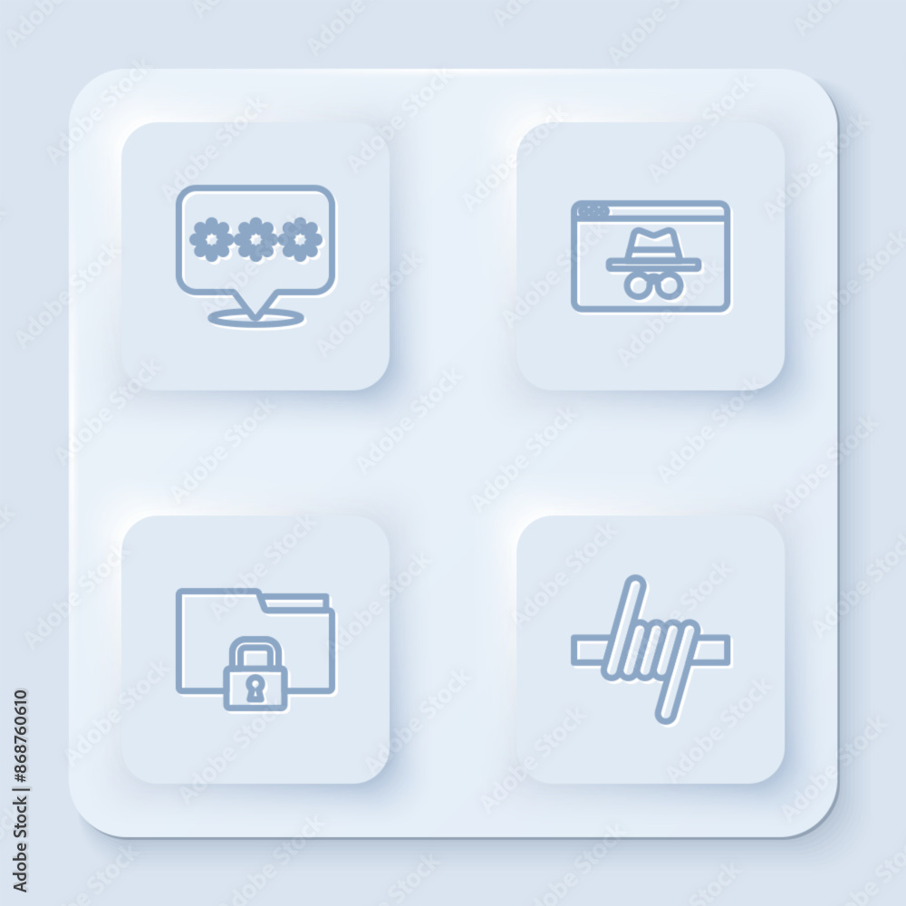 Poster set line password protection, browser incognito window, folder and lock and barbed wire. white squar