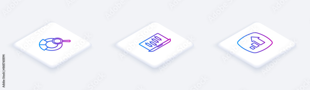 Poster set isometric line search data analysis, stocks market growth graphs and financial. white square but