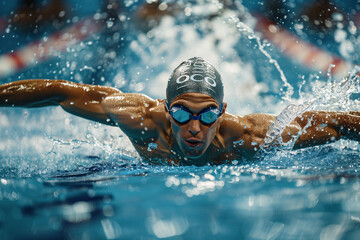 A swimmer wearing goggles and a swim cap performing the butterfly stroke in a swimming pool with water splashing around