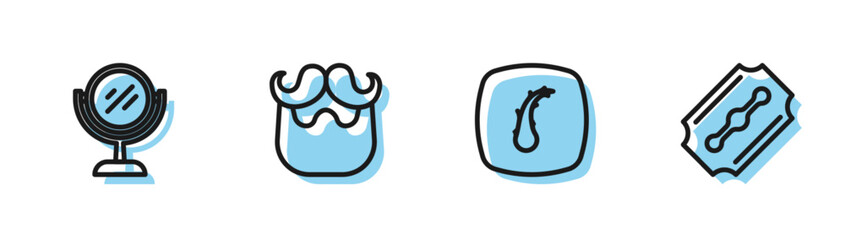 Set line Human hair follicle, Hand mirror, Mustache beard and Blade razor icon. Vector