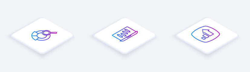 Set Isometric line Search data analysis, Stocks market growth graphs and Financial. White square button. Vector