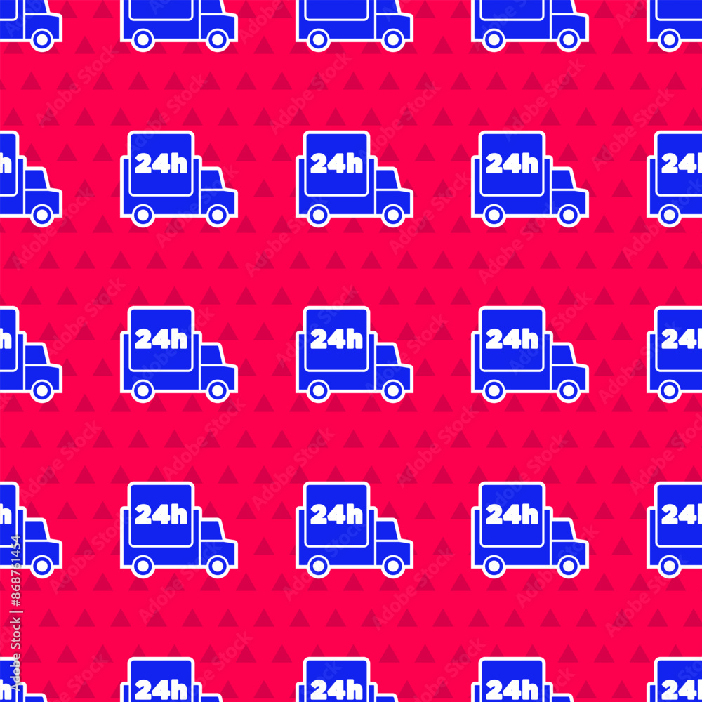 Aufkleber blue fast round the clock delivery by car icon isolated seamless pattern on red background. vector