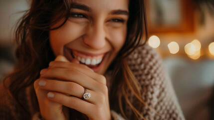 Young woman displays a radiant smile while proudly showing off her sparkling new diamond engagement ring