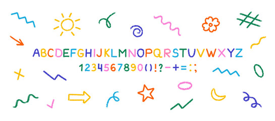 Doodle hand-drawn. Charcoal scribble kid's alphabet font, numbers, flower, star, sun, moon, arrow, and shapes. Crayon's playful naive texture vector set.