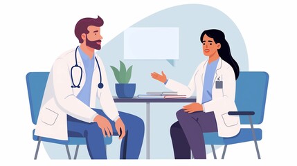 Fototapeta premium Artistic Discourse: Cartoon Doctors Engage in Treatment Discussion, Abstract Backdrop Enhances Dynamic Scene of Medical Staff Communication and Collaboration
