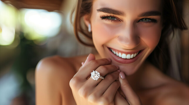 Young woman displays a radiant smile while proudly showing off her sparkling new diamond engagement ring
