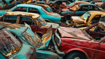 Car dump with a lot of broken used cars. Cars going to be shredded in a recycling facility