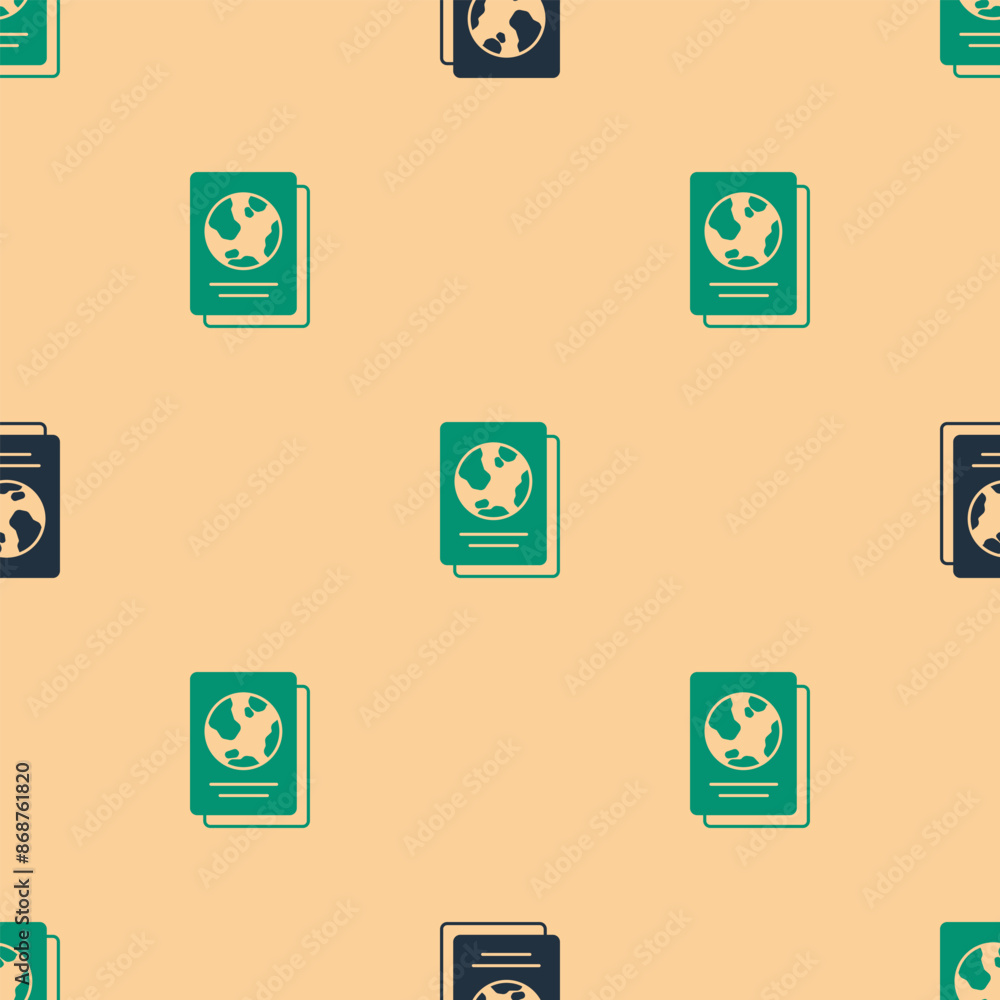 Poster green and black passport with biometric data icon isolated seamless pattern on beige background. ide
