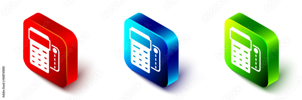 Aufkleber isometric pos terminal with inserted credit card and printed reciept icon isolated on white backgrou