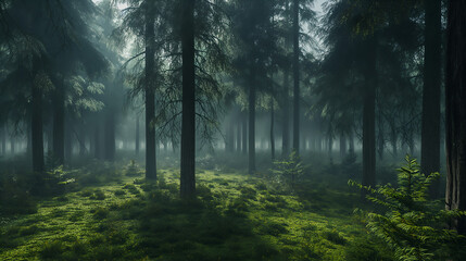 Fototapeta premium Foggy forest with sunlight beaming through trees, lush greenery, serene nature scene