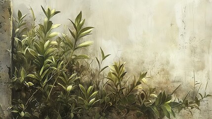   A plant in a vase on a window sill, against a wall