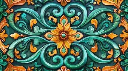 Fototapeta premium Ornate floral pattern with green and orange swirls and leaves