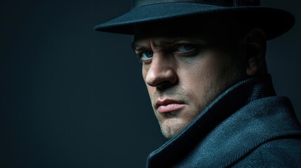 Man in shadow with hat and coat, intense gaze, dramatic lighting